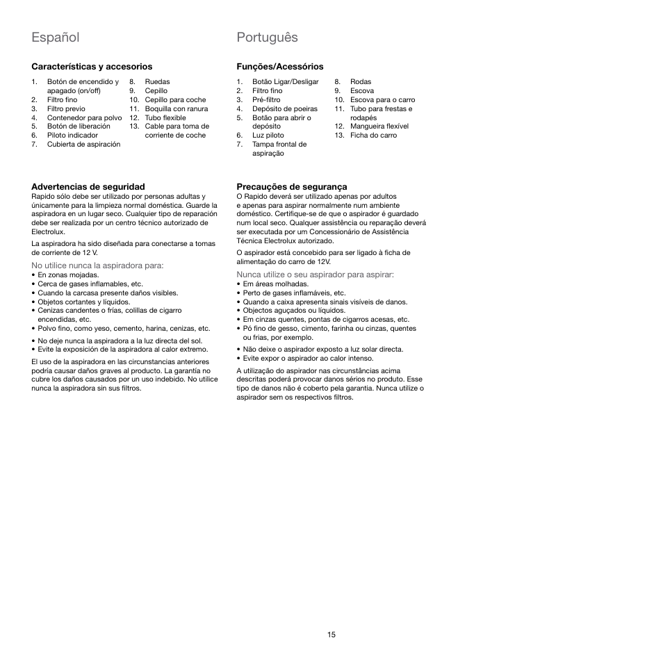 Español, Português | Electrolux Rapido CarVac ZB412C-2 User Manual | Page 15 / 60