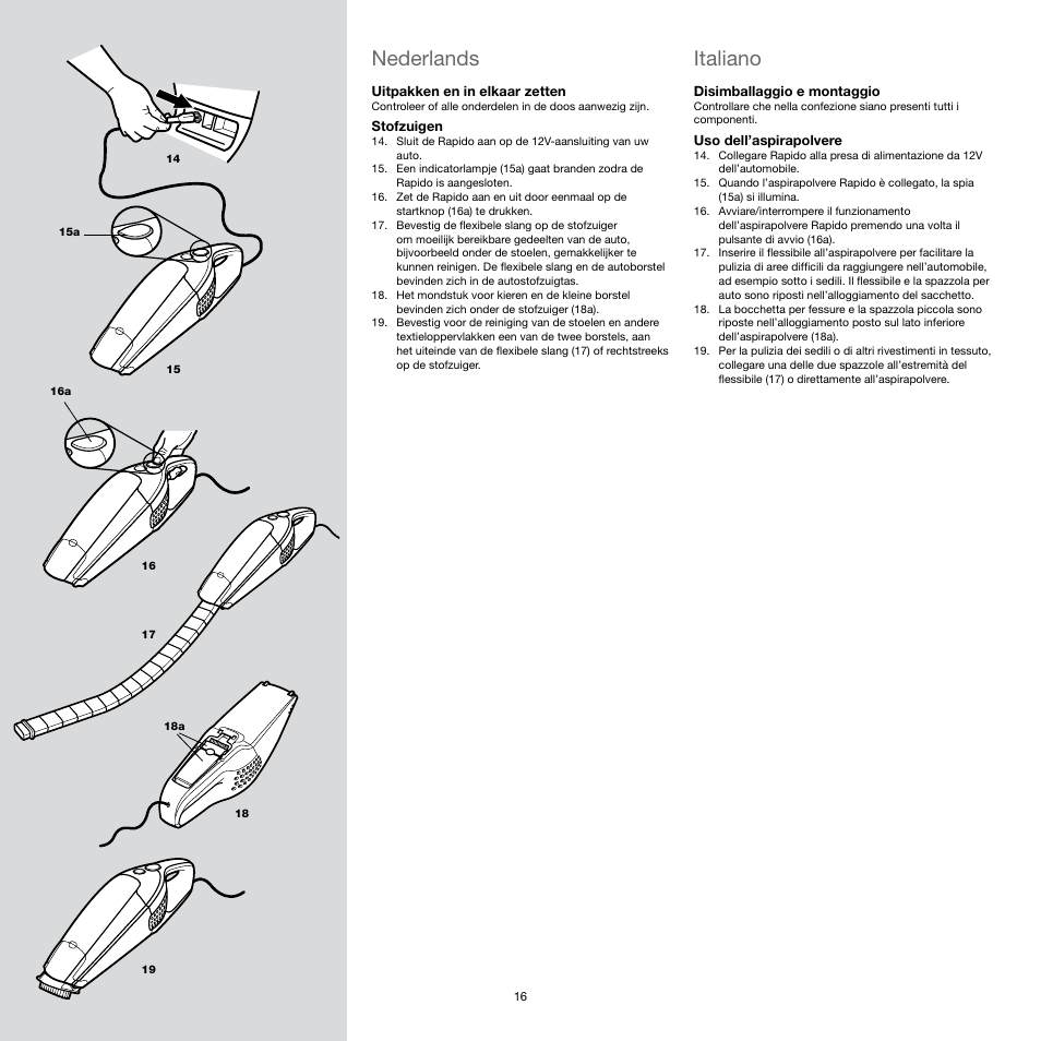 Italiano, Nederlands | Electrolux Rapido CarVac ZB412C-2 User Manual | Page 16 / 60