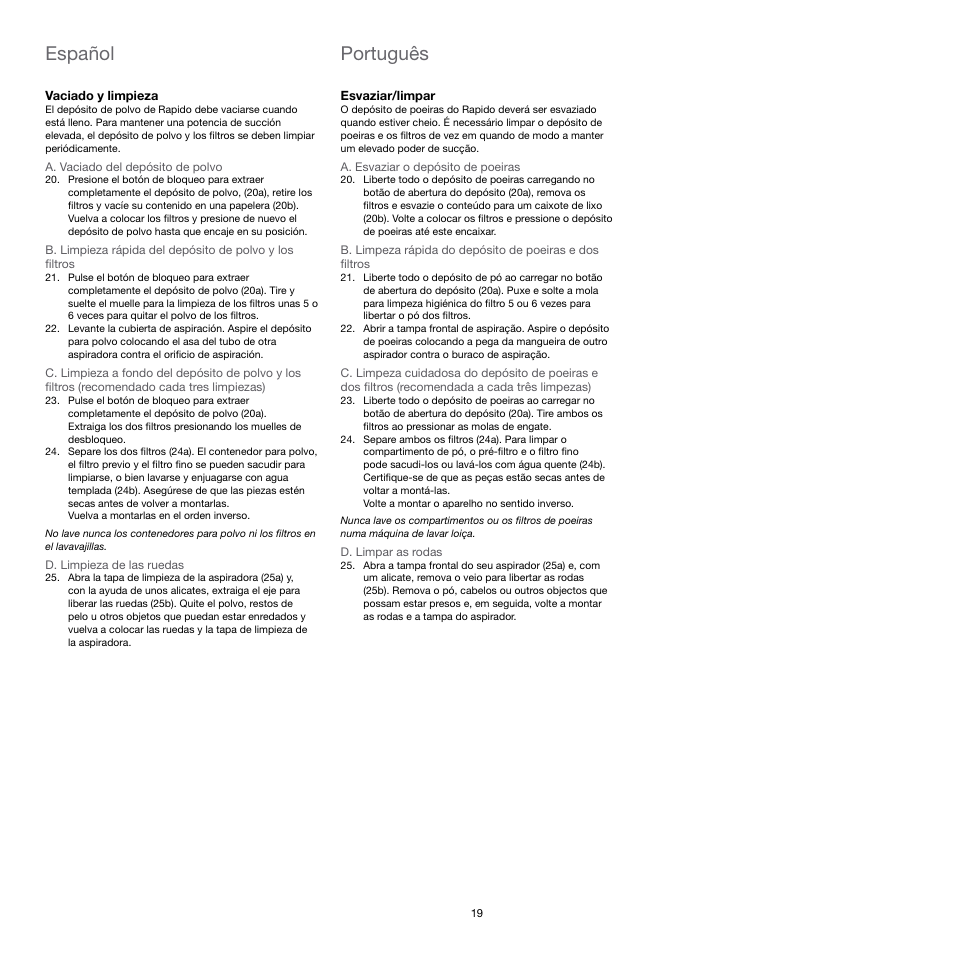 Español, Português | Electrolux Rapido CarVac ZB412C-2 User Manual | Page 19 / 60