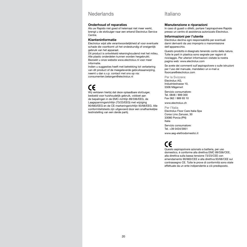 Italiano, Nederlands | Electrolux Rapido CarVac ZB412C-2 User Manual | Page 20 / 60