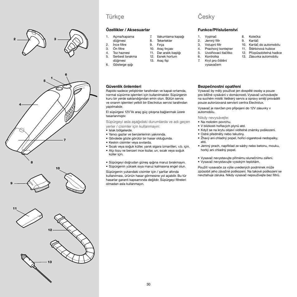 Česky, Türkçe | Electrolux Rapido CarVac ZB412C-2 User Manual | Page 30 / 60