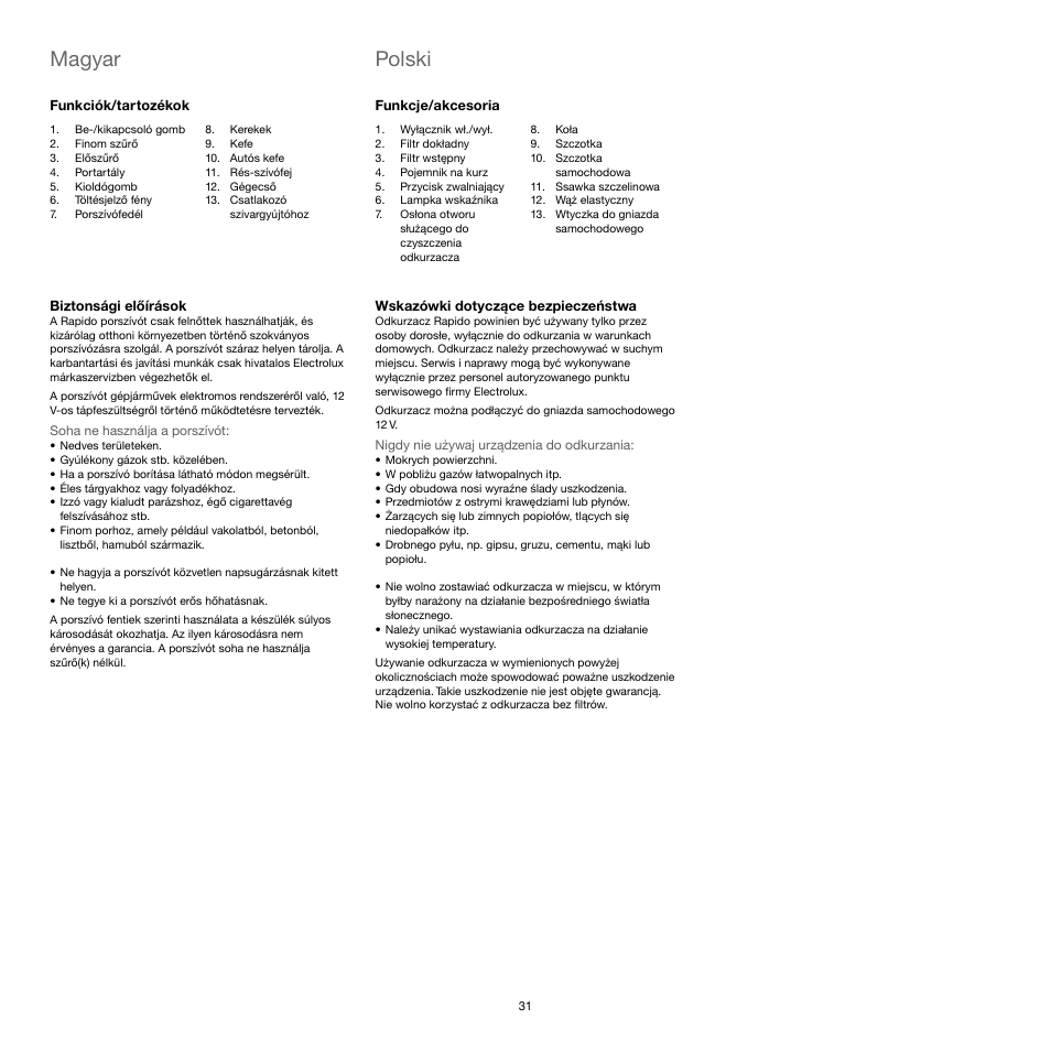 Polski, Magyar | Electrolux Rapido CarVac ZB412C-2 User Manual | Page 31 / 60