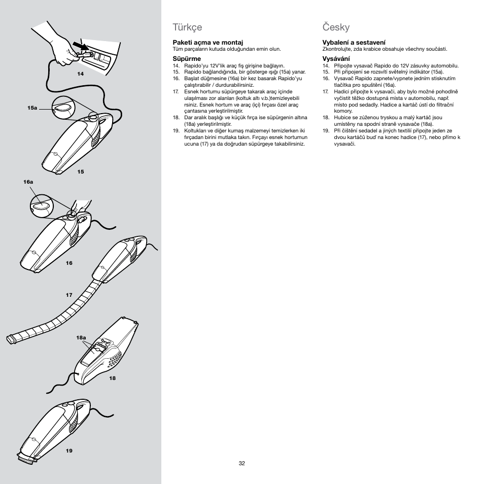 Česky, Türkçe | Electrolux Rapido CarVac ZB412C-2 User Manual | Page 32 / 60