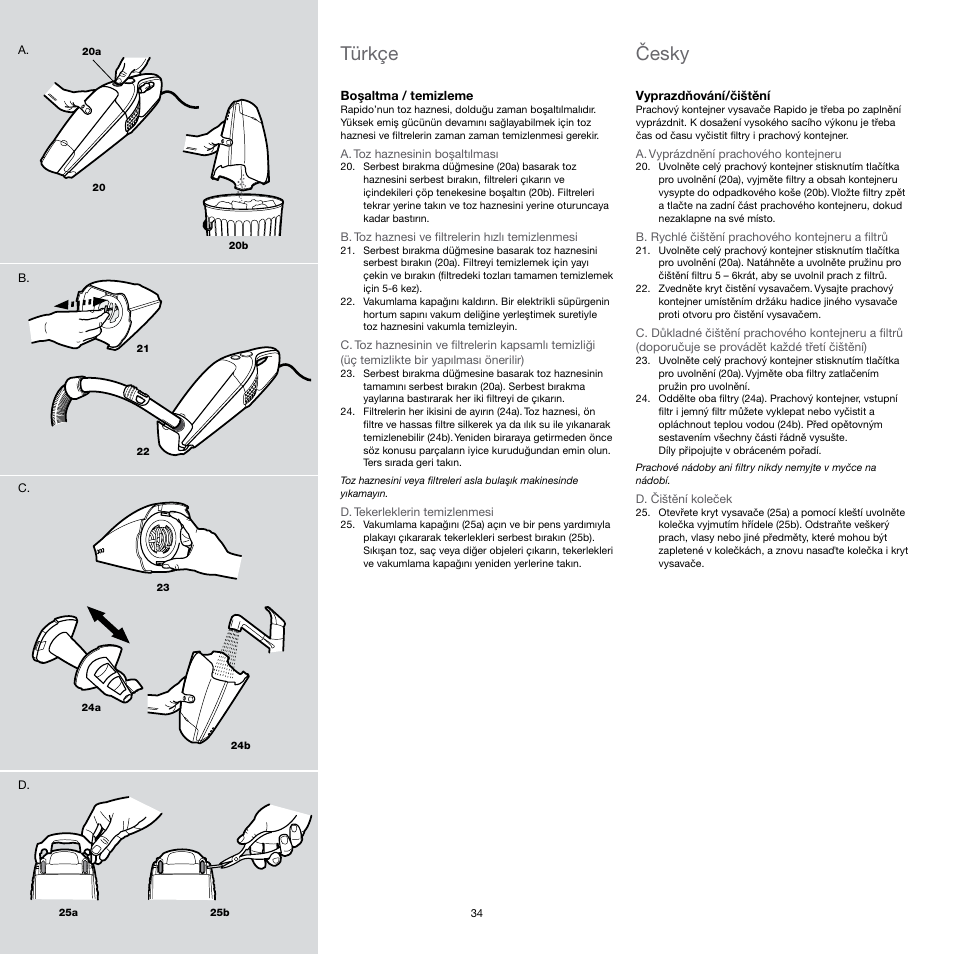 Česky, Türkçe | Electrolux Rapido CarVac ZB412C-2 User Manual | Page 34 / 60