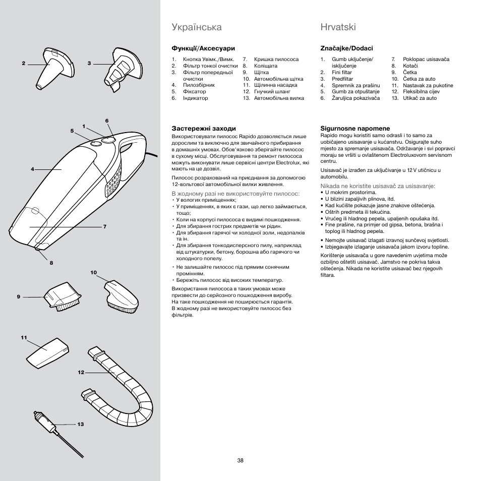 Hrvatski, Українська | Electrolux Rapido CarVac ZB412C-2 User Manual | Page 38 / 60