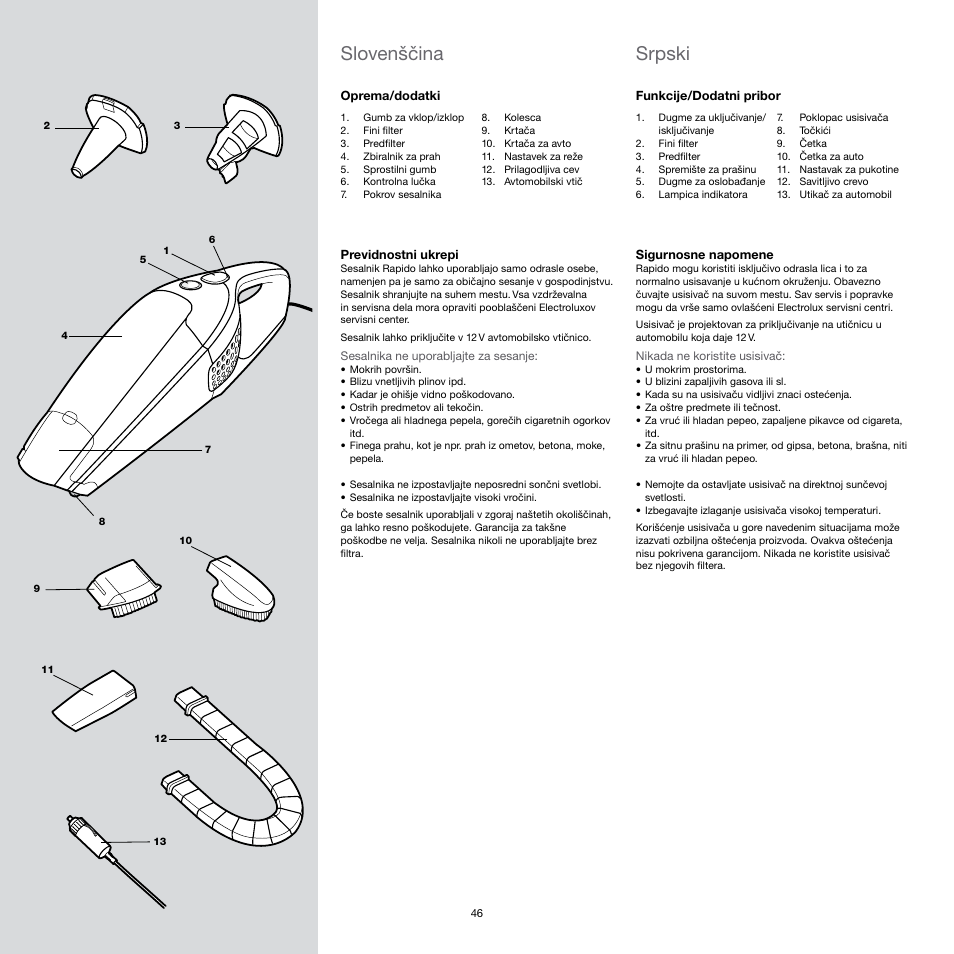 Srpski, Slovenščina | Electrolux Rapido CarVac ZB412C-2 User Manual | Page 46 / 60