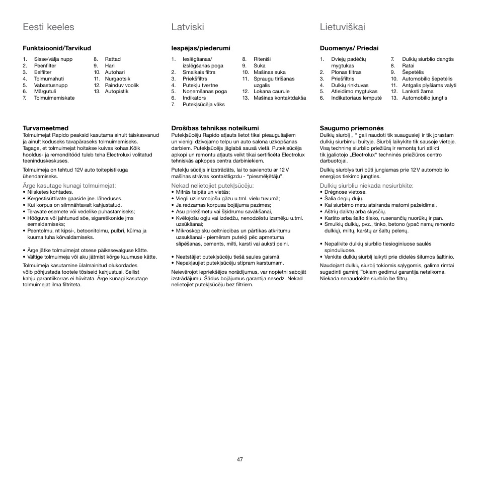 Lietuviškai, Eesti keeles, Latviski | Electrolux Rapido CarVac ZB412C-2 User Manual | Page 47 / 60