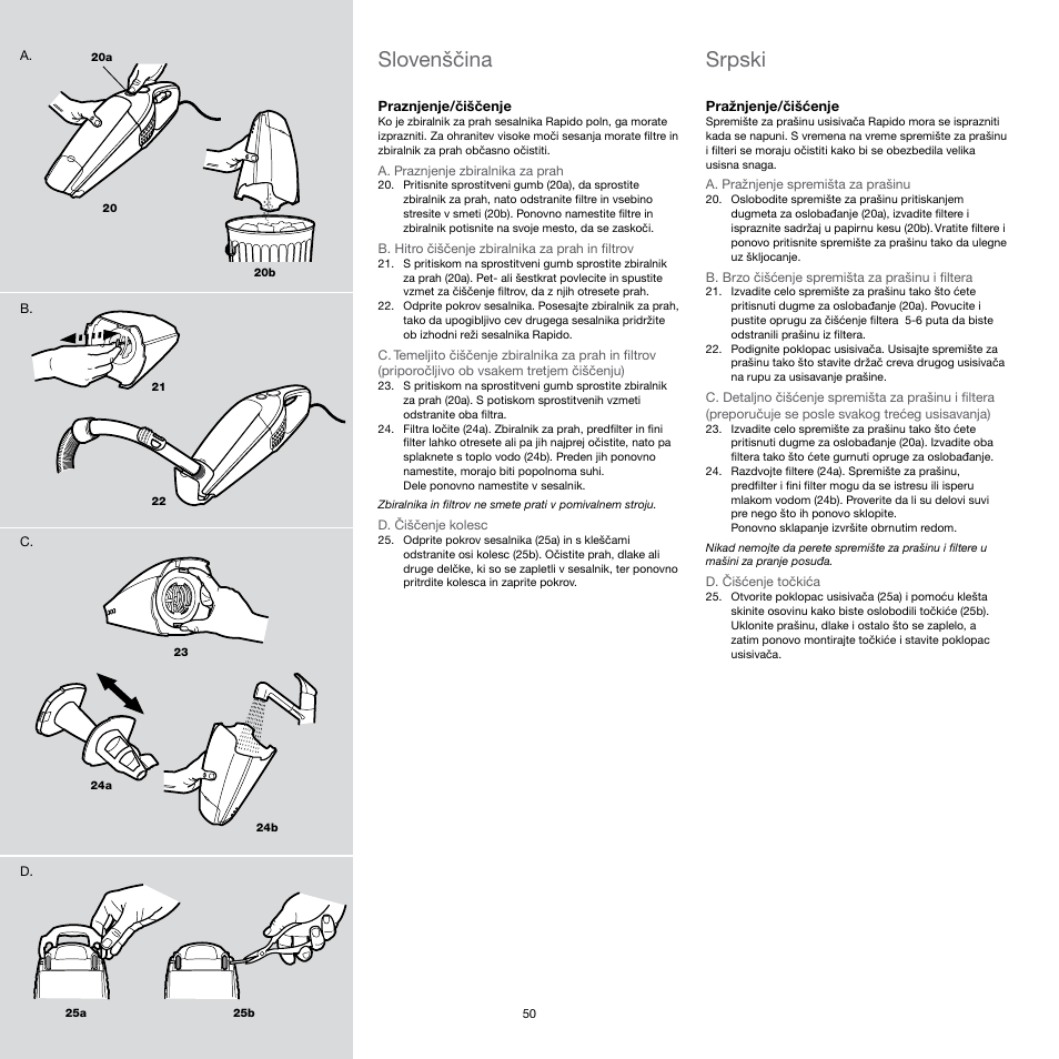 Srpski, Slovenščina | Electrolux Rapido CarVac ZB412C-2 User Manual | Page 50 / 60