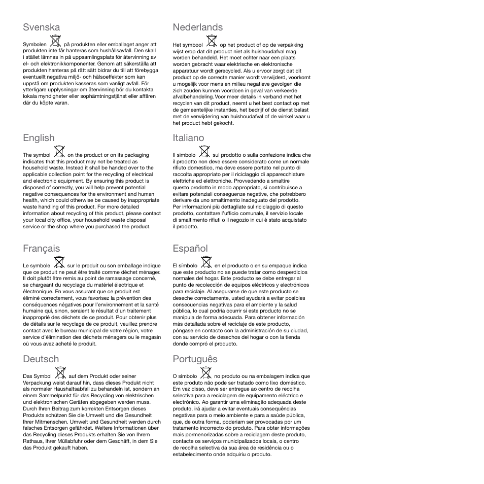 Svenska, English, Français | Deutsch nederlands, Italiano, Español, Português | Electrolux Rapido CarVac ZB412C-2 User Manual | Page 54 / 60