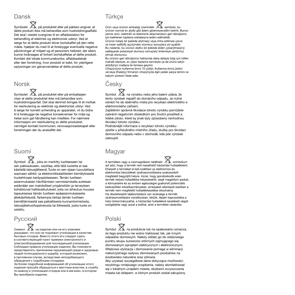 Dansk, Norsk, Suomi | Pусский, Türkçe, Česky, Magyar, Polski | Electrolux Rapido CarVac ZB412C-2 User Manual | Page 55 / 60