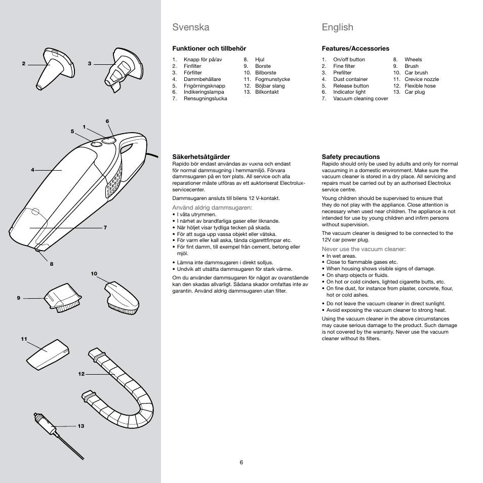 Svenska, English | Electrolux Rapido CarVac ZB412C-2 User Manual | Page 6 / 60