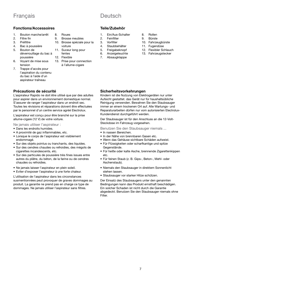 Deutsch, Français | Electrolux Rapido CarVac ZB412C-2 User Manual | Page 7 / 60