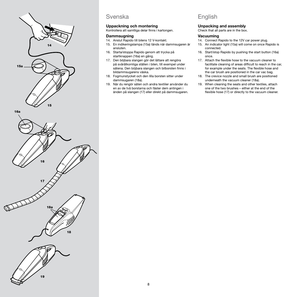 Svenska, English | Electrolux Rapido CarVac ZB412C-2 User Manual | Page 8 / 60