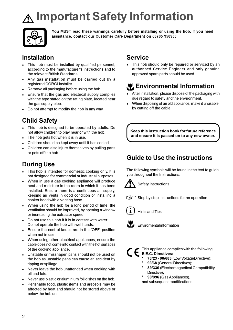 Fimportant safety information, Guide to use the instructions, Installation | Child safety, During use, Service, Environmental information | Electrolux EHG 691 User Manual | Page 2 / 16