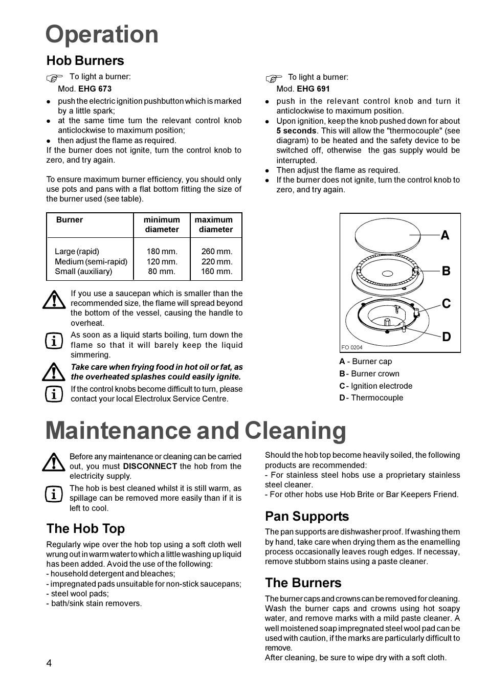 Operation, Maintenance and cleaning, Hob burners | The hob top, Pan supports, The burners | Electrolux EHG 691 User Manual | Page 4 / 16