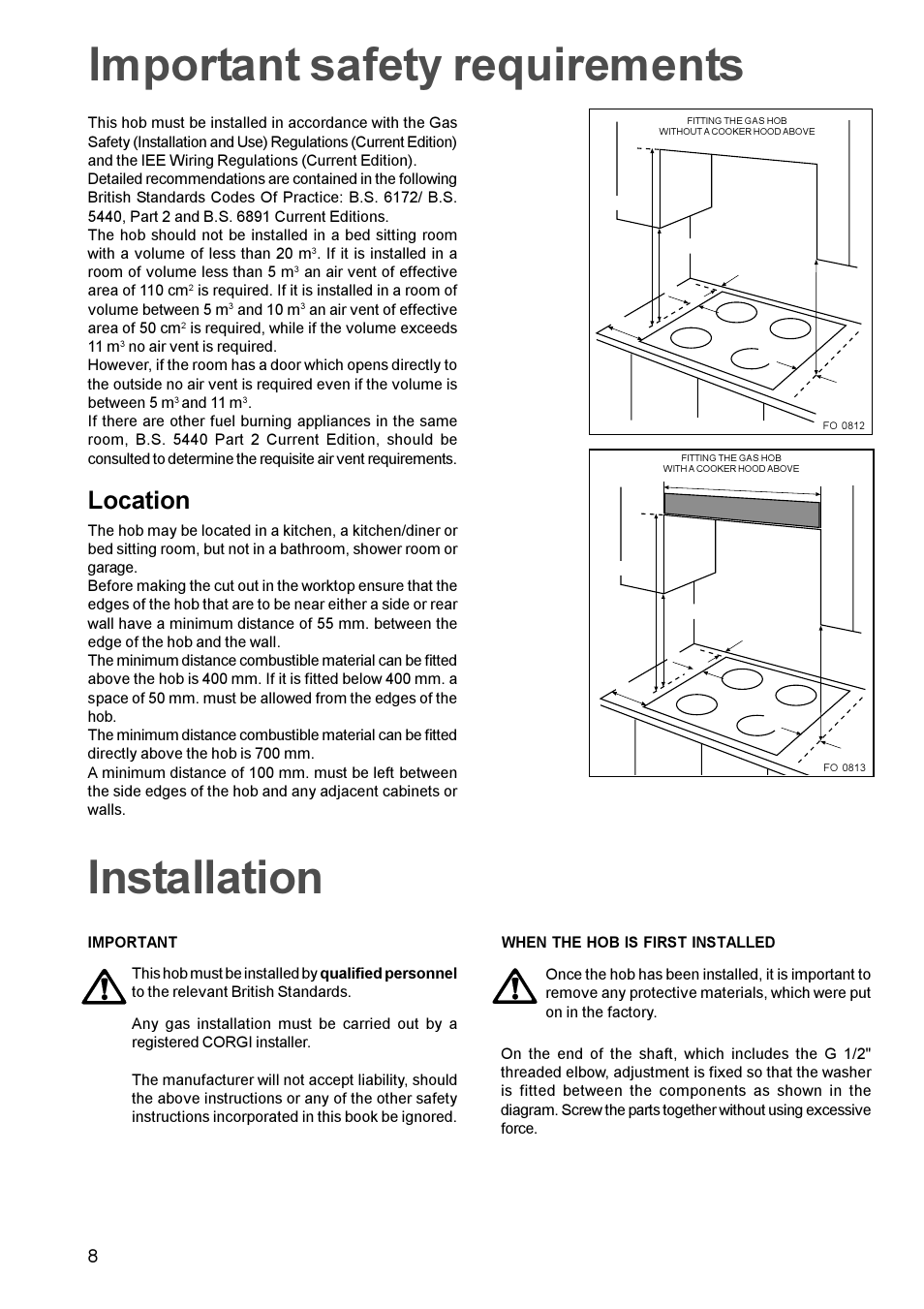 Important safety requirements, Installation, Location | Electrolux EHG 691 User Manual | Page 8 / 16