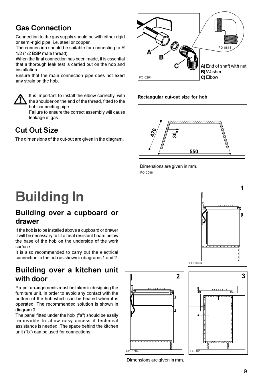 Building in, Building over a cupboard or drawer, Building over a kitchen unit with door | Gas connection, Cut out size | Electrolux EHG 691 User Manual | Page 9 / 16