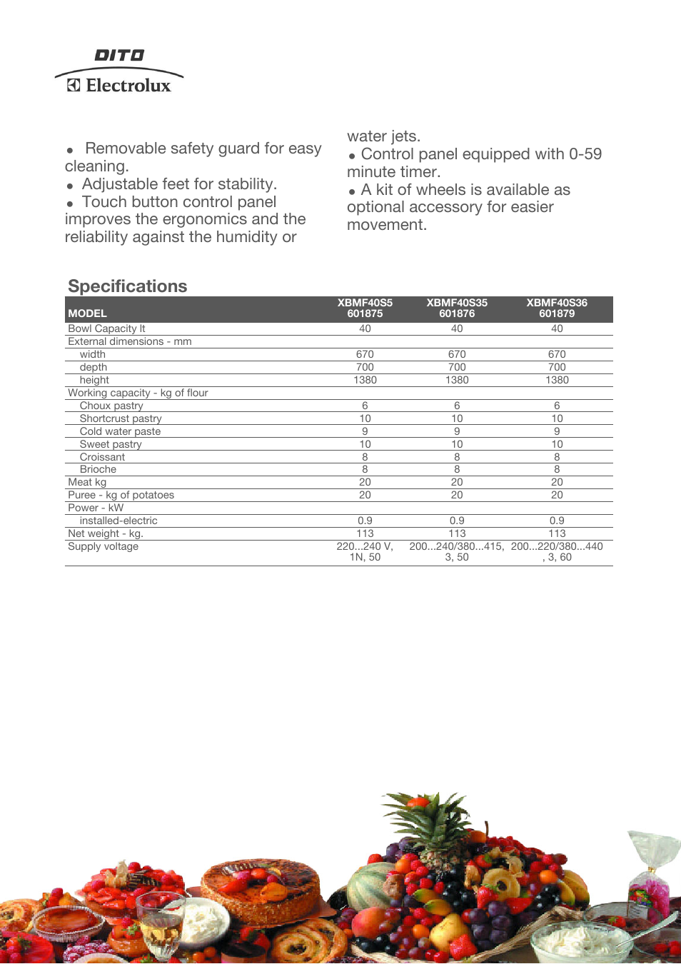 Specifications, Removable safety guard for easy cleaning, Adjustable feet for stability | Control panel equipped with 0-59 minute timer | Electrolux XBMF40S5 User Manual | Page 2 / 4