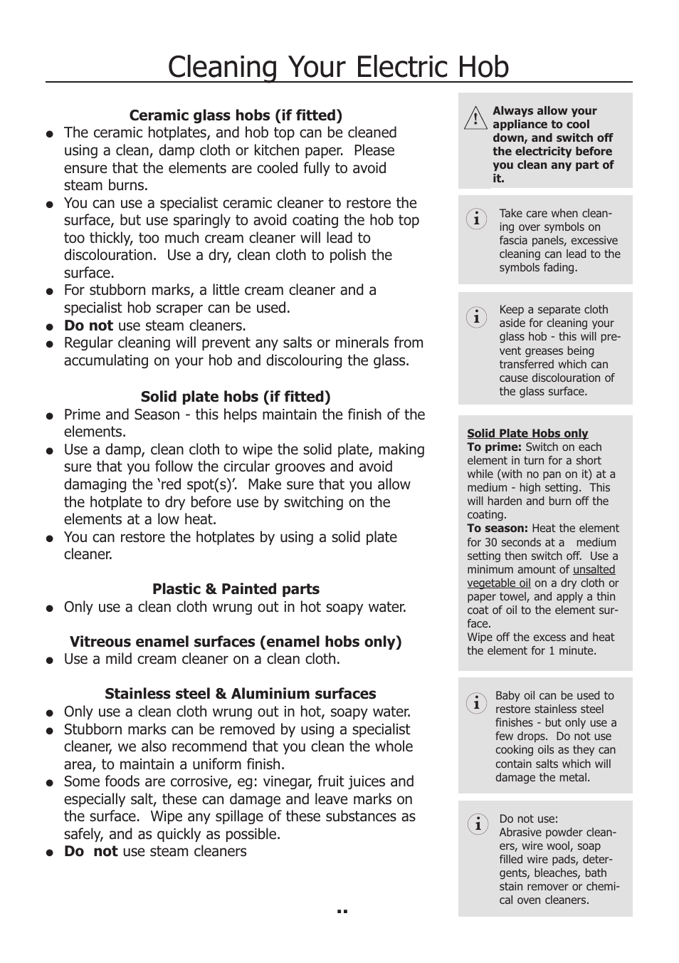 Cleaning your electric hob | Electrolux EKM11440KN User Manual | Page 23 / 40
