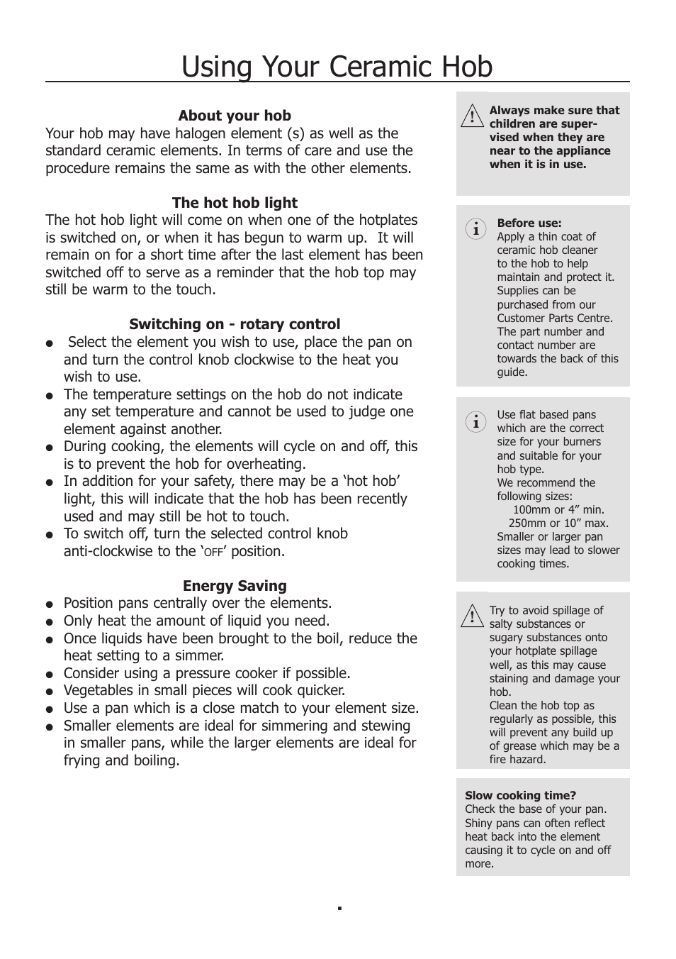 Using your ceramic hob | Electrolux EKM11440KN User Manual | Page 9 / 40