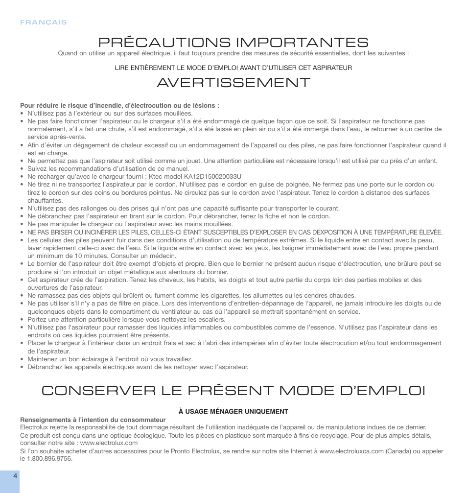 Précautions importantes, Avertissement, Conserver le présent mode d’emploi | Electrolux EL1000A User Manual | Page 4 / 16