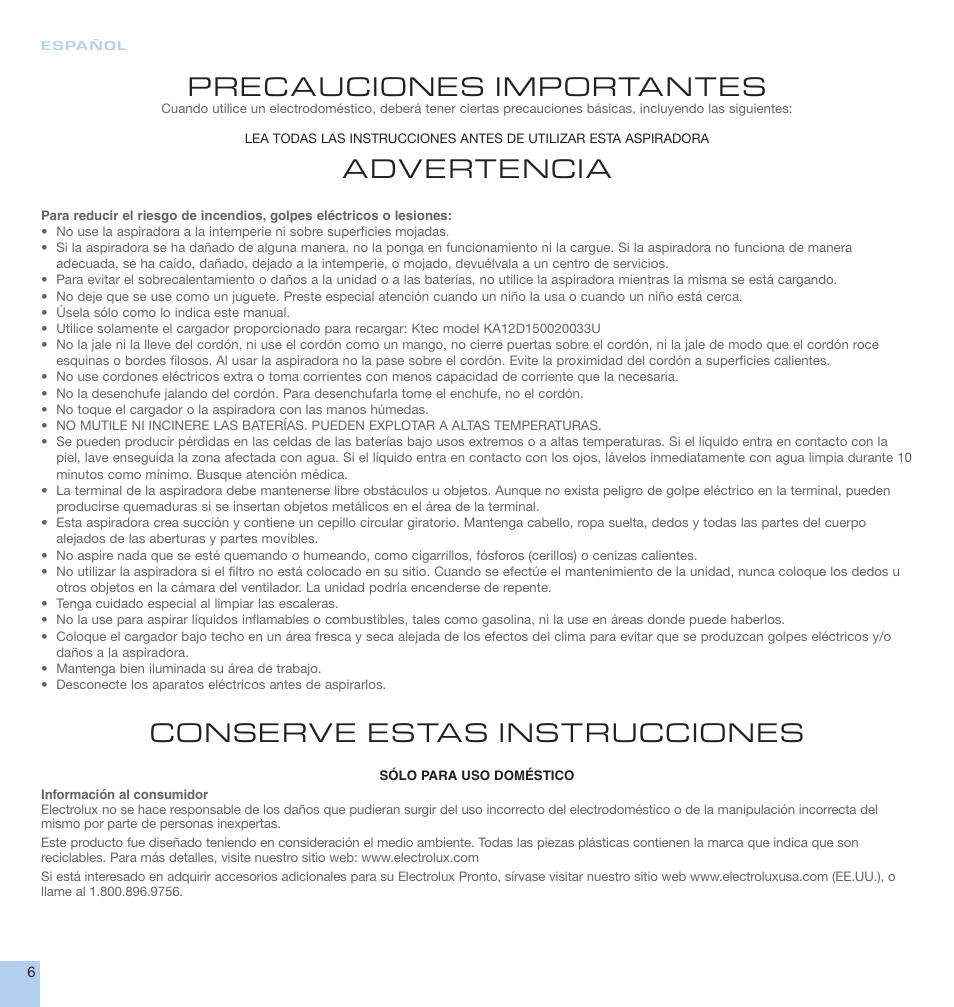 Precauciones importantes, Advertencia, Conserve estas instrucciones | Electrolux EL1000A User Manual | Page 6 / 16