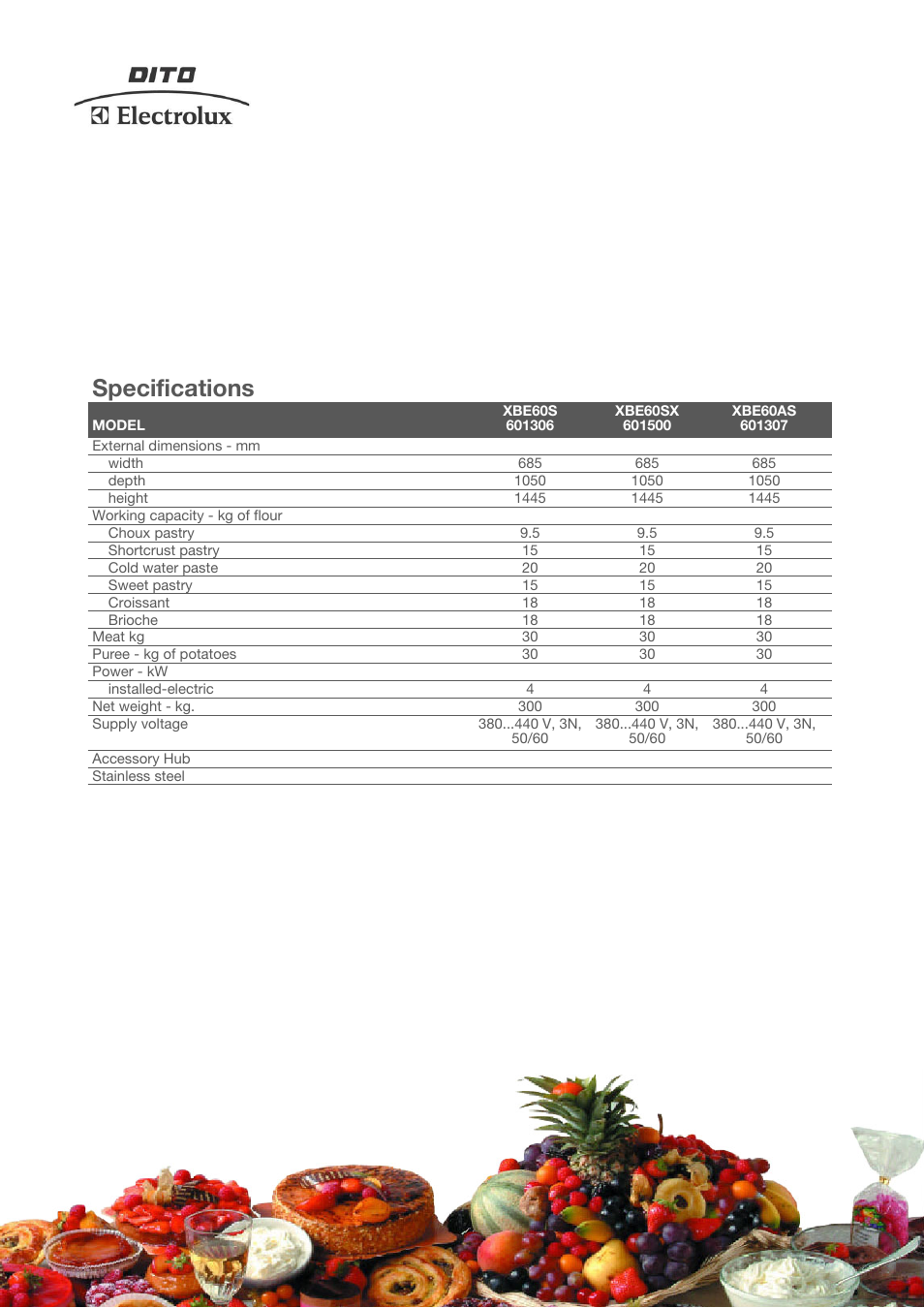 Specifications | Electrolux Dito XBE60AS User Manual | Page 2 / 4