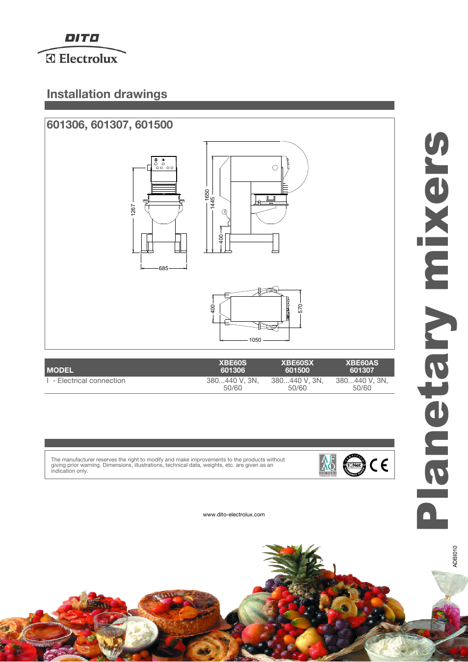 Planetary mixers, Installation drawings | Electrolux Dito XBE60AS User Manual | Page 4 / 4