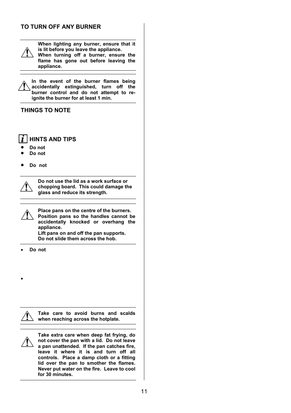 11 to turn off any burner, Hints and tips | Electrolux EIKG6047 User Manual | Page 11 / 40