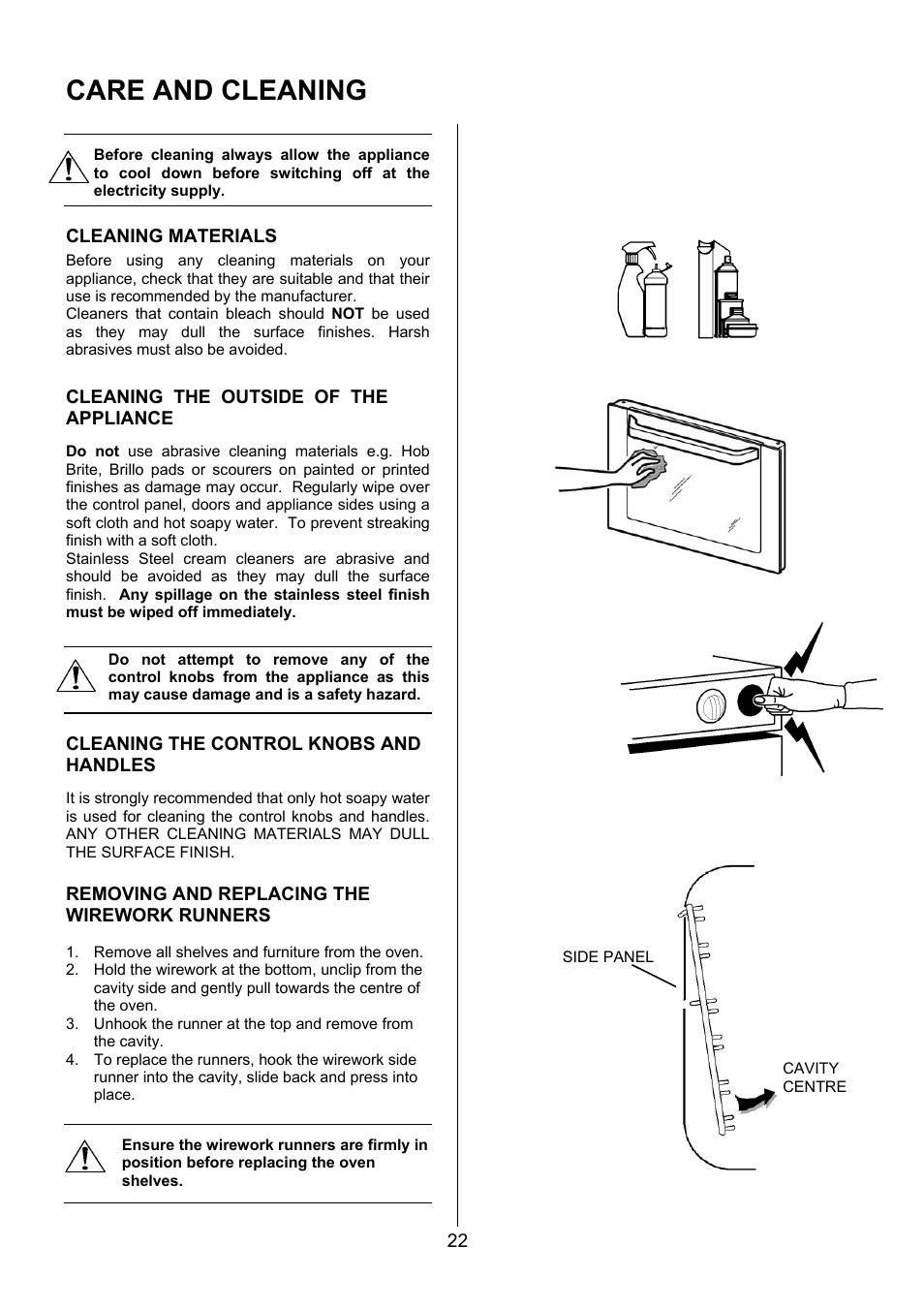 Care and cleaning, Cleaning materials, Cleaning the outside of the appliance | Cleaning the control knobs and handles, Removing and replacing the wirework runners | Electrolux EIKG6047 User Manual | Page 22 / 40