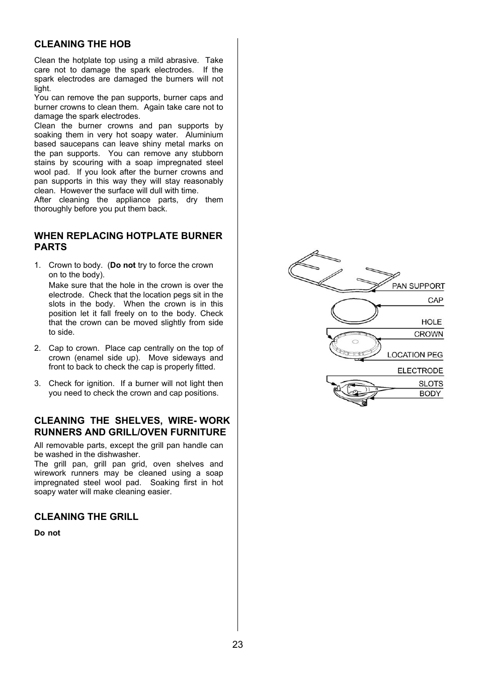 23 cleaning the hob, When replacing hotplate burner parts, Cleaning the grill | Electrolux EIKG6047 User Manual | Page 23 / 40