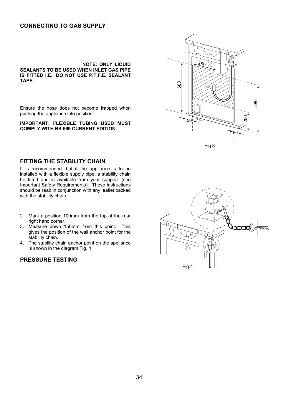 34 connecting to gas supply, Fitting the stability chain, Pressure testing | Electrolux EIKG6047 User Manual | Page 34 / 40