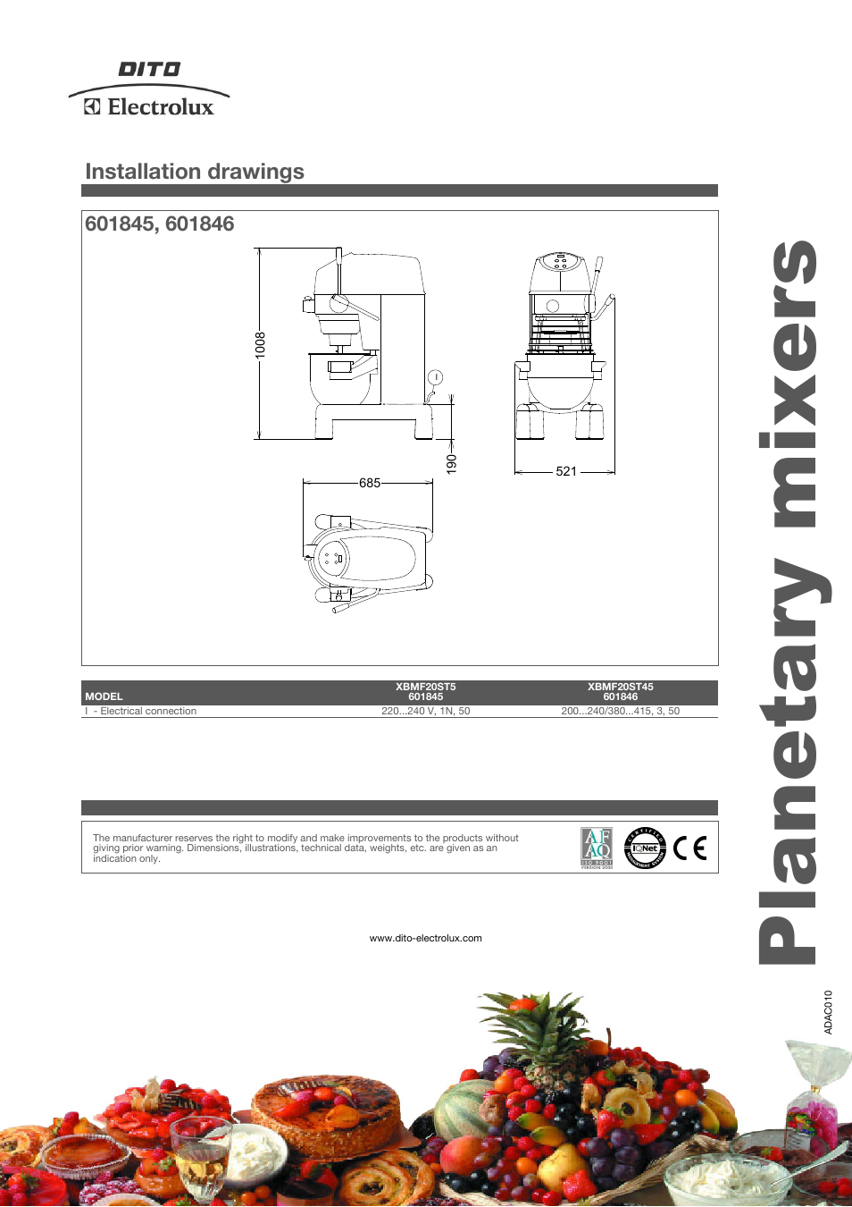 Planetary mixers, Installation drawings | Electrolux Dito 601846 User Manual | Page 4 / 4