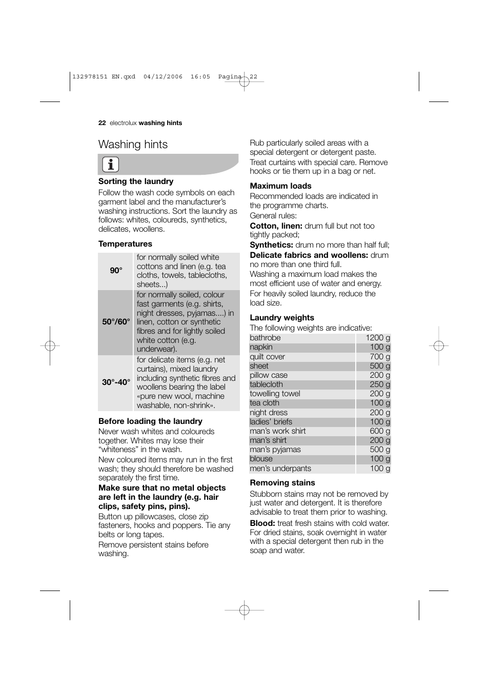 Washing hints | Electrolux EWF 14981 W User Manual | Page 22 / 48