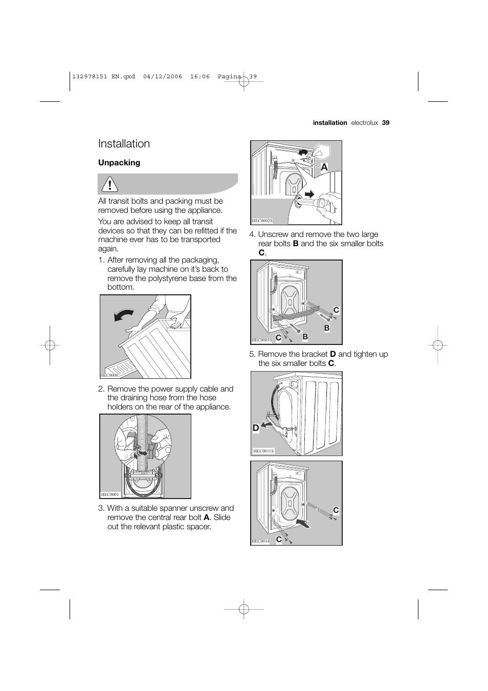 Installation | Electrolux EWF 14981 W User Manual | Page 39 / 48