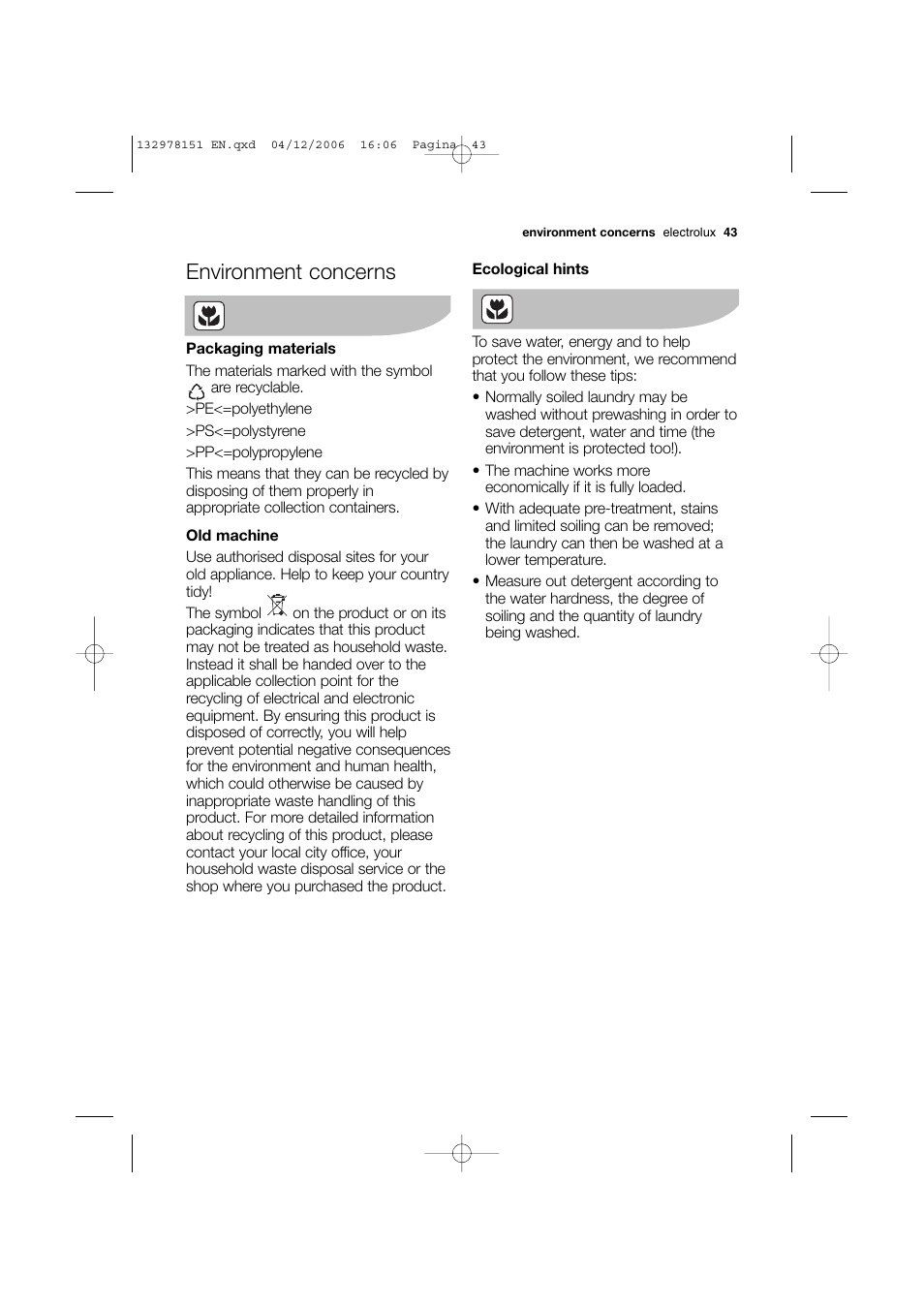 Environment concerns | Electrolux EWF 14981 W User Manual | Page 43 / 48