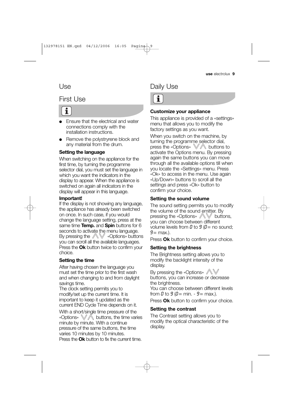 Use first use, Daily use | Electrolux EWF 14981 W User Manual | Page 9 / 48