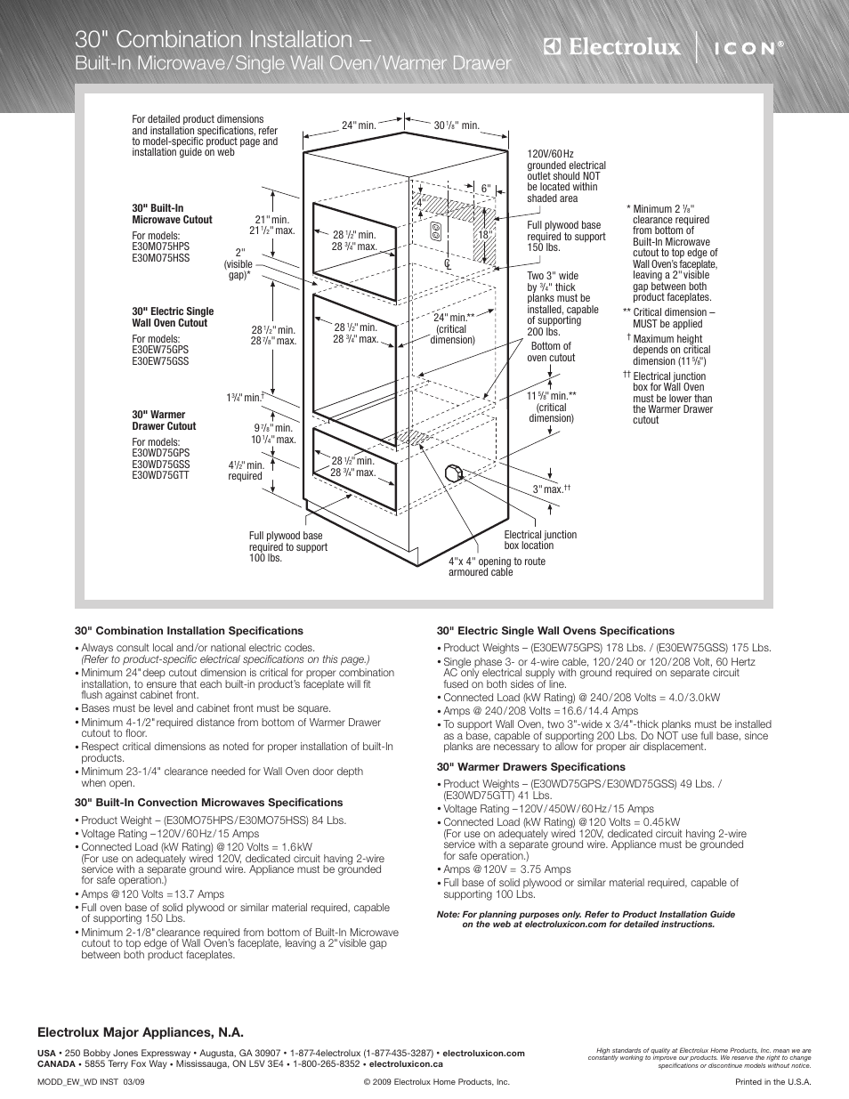 30" combination installation, Built-in microwave/single wall oven/warmer drawer, Electrolux major appliances, n.a | Electrolux ICON E30MO75HSS User Manual | Page 4 / 4