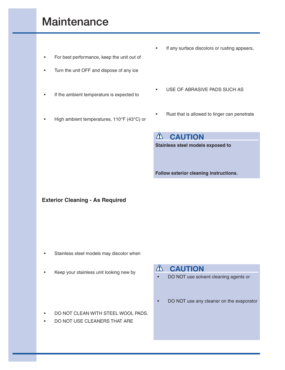Maintenance, Special considerations, Maintaining and cleaning your icemaker | Caution | Electrolux 15 User Manual | Page 16 / 68
