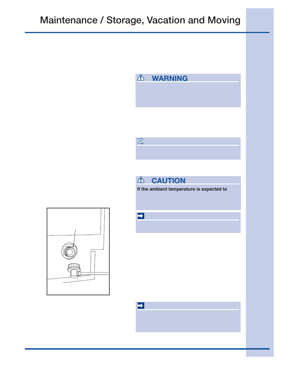 Maintenance / storage, vacation and moving, Inlet screen cleaning — every year, Draining for non-use | Caution, Important, Warning | Electrolux 15 User Manual | Page 19 / 68