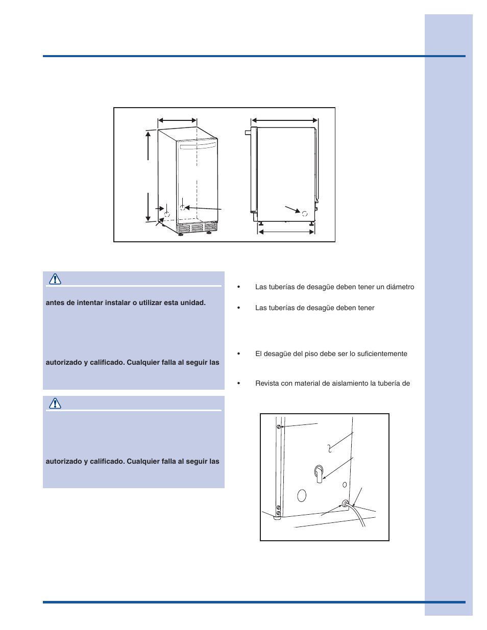 Instalación, Precaución, Desagüe por gravedad | Electrolux 15 User Manual | Page 27 / 68