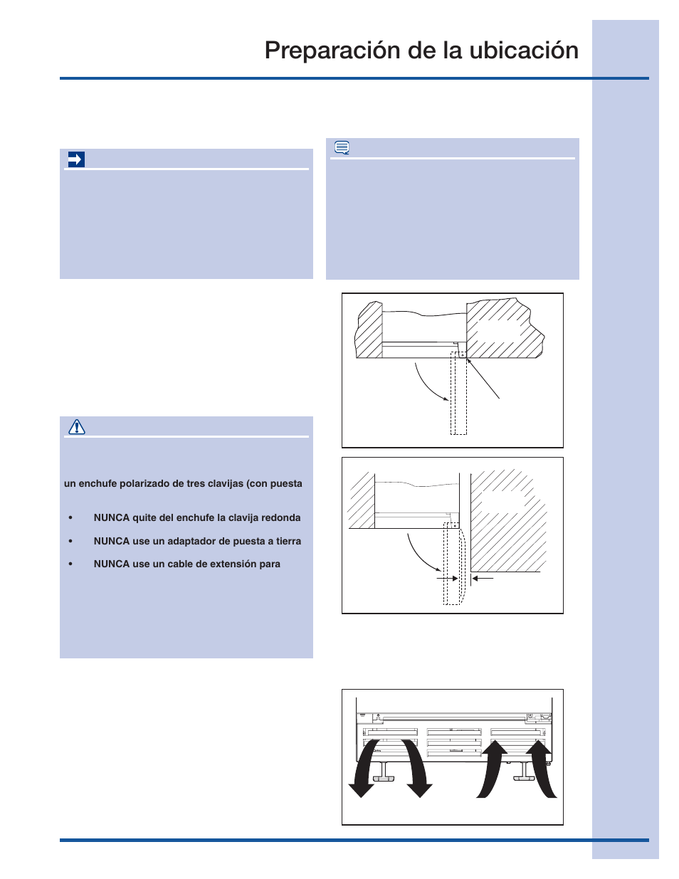 Preparación de la ubicación, Importante, Peligro | Nota, Preparación del lugar de ubicación | Electrolux 15 User Manual | Page 29 / 68