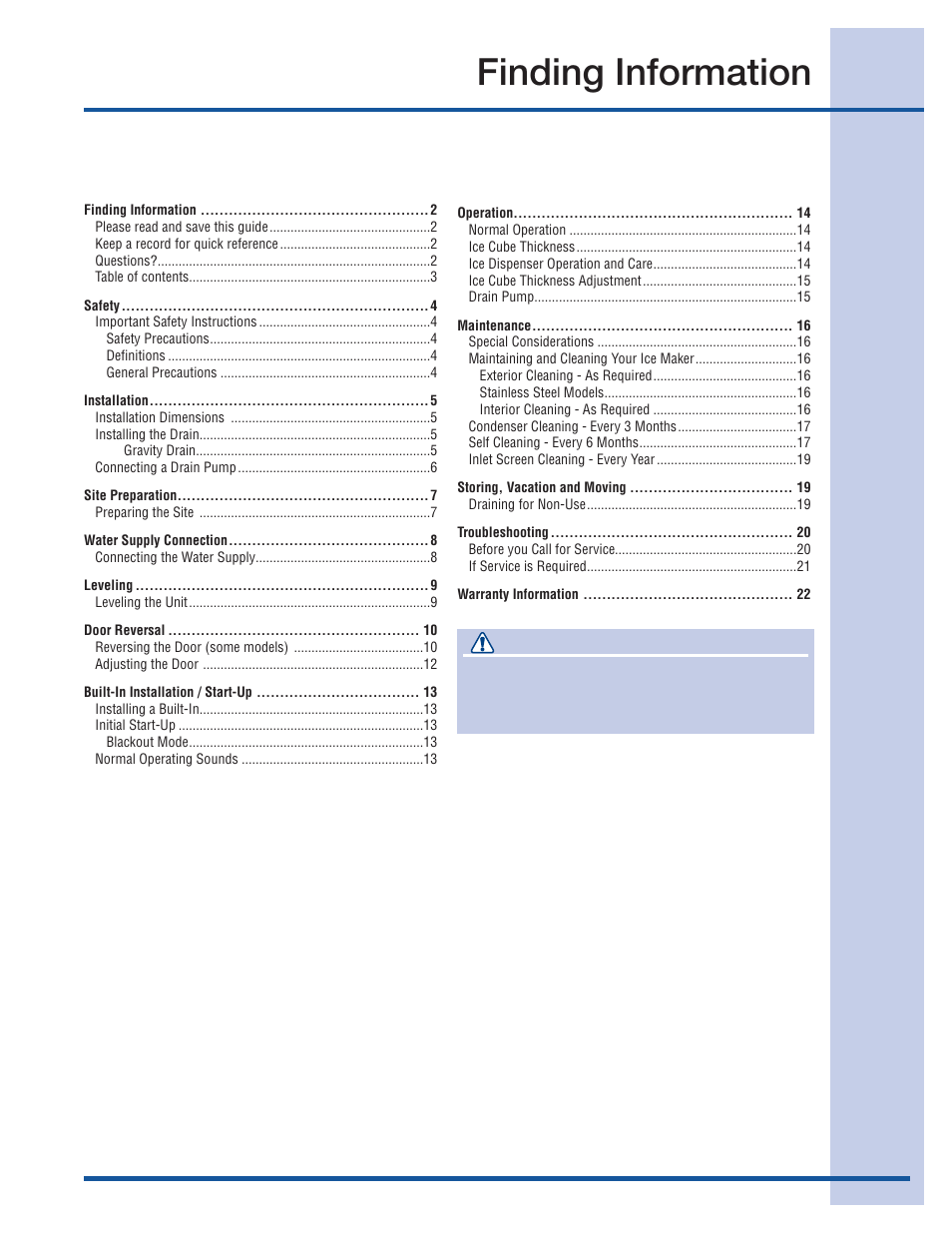Finding information, Table of contents warning | Electrolux 15 User Manual | Page 3 / 68