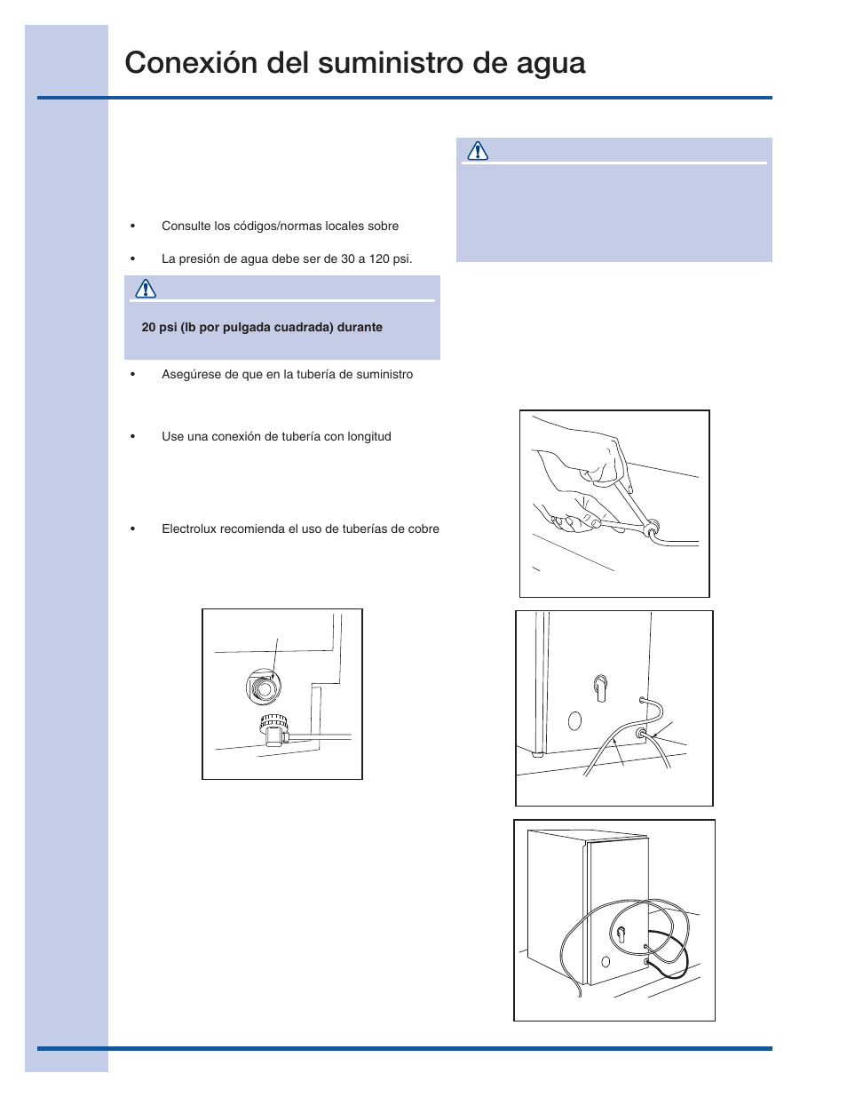 Conexión del suministro de agua, Precaución | Electrolux 15 User Manual | Page 30 / 68
