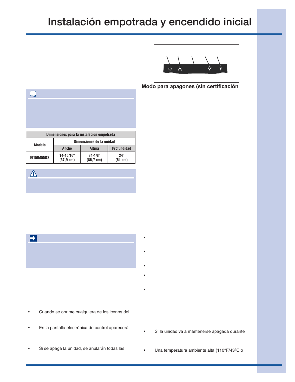 Instalación empotrada y encendido inicial, Precaución, Nota | Importante, Instalación empotrada, Sonidos normales de funcionamiento, Uso en exteriores, Encendido inicial | Electrolux 15 User Manual | Page 35 / 68