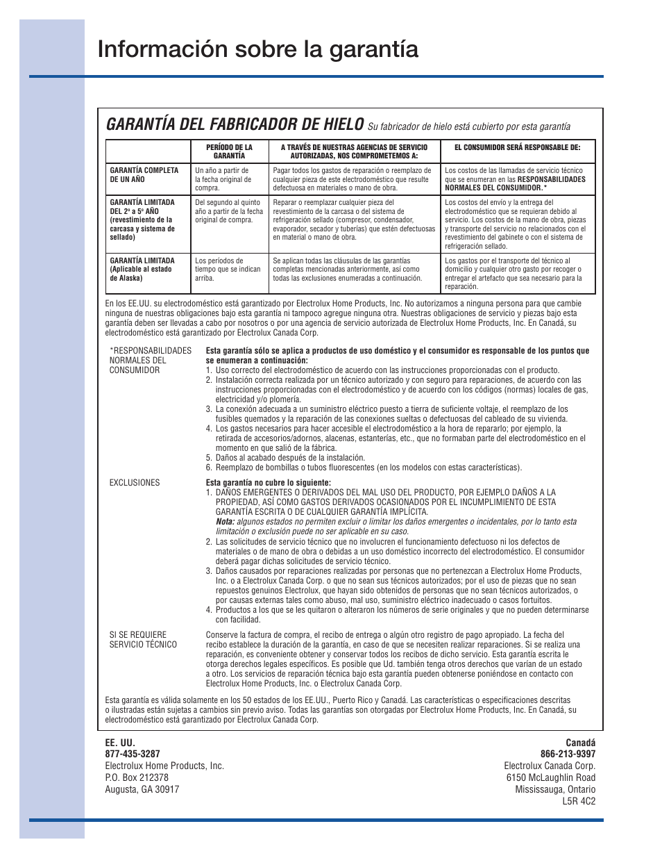 Información sobre la garantía, Garantía del fabricador de hielo | Electrolux 15 User Manual | Page 44 / 68