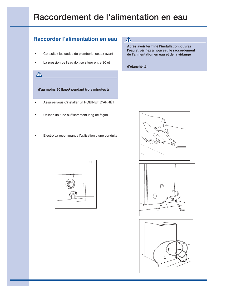 Raccordement de l’alimentation en eau, Attention, Raccorder l’alimentation en eau | Electrolux 15 User Manual | Page 52 / 68