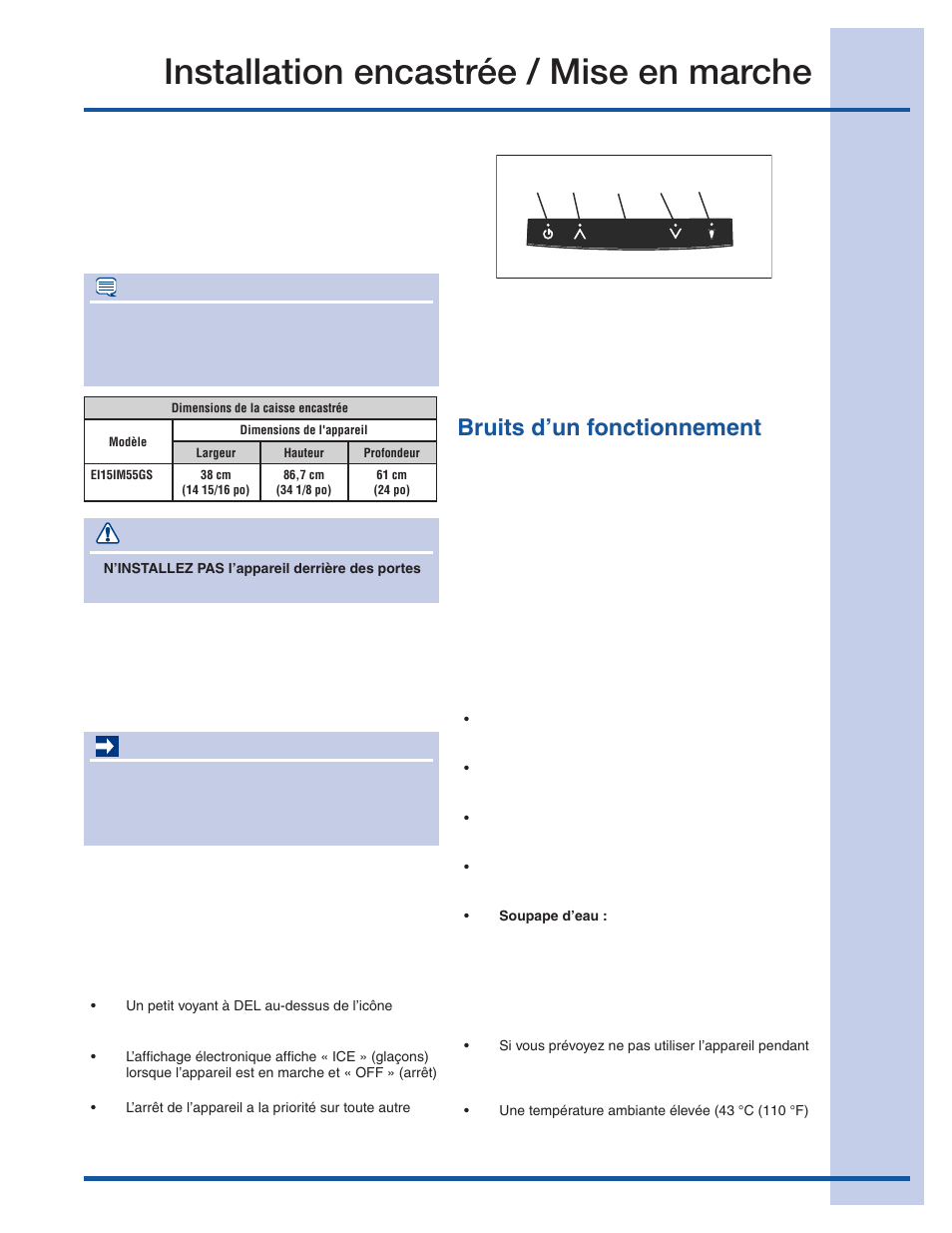 Installation encastrée / mise en marche, Encastrer l'appareil, Attention | Remarque, Mise en marche initiale, Important, Bruits d’un fonctionnement normal, Utilisation extérieure | Electrolux 15 User Manual | Page 57 / 68