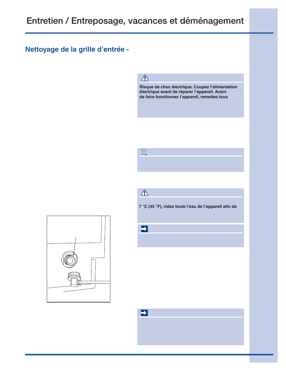 Entretien / entreposage, vacances et déménagement, Vidange d'un appareil inutilisé, Attention | Important, Remarque, Avertissement, Nettoyage de la grille d’entrée - chaque année | Electrolux 15 User Manual | Page 63 / 68