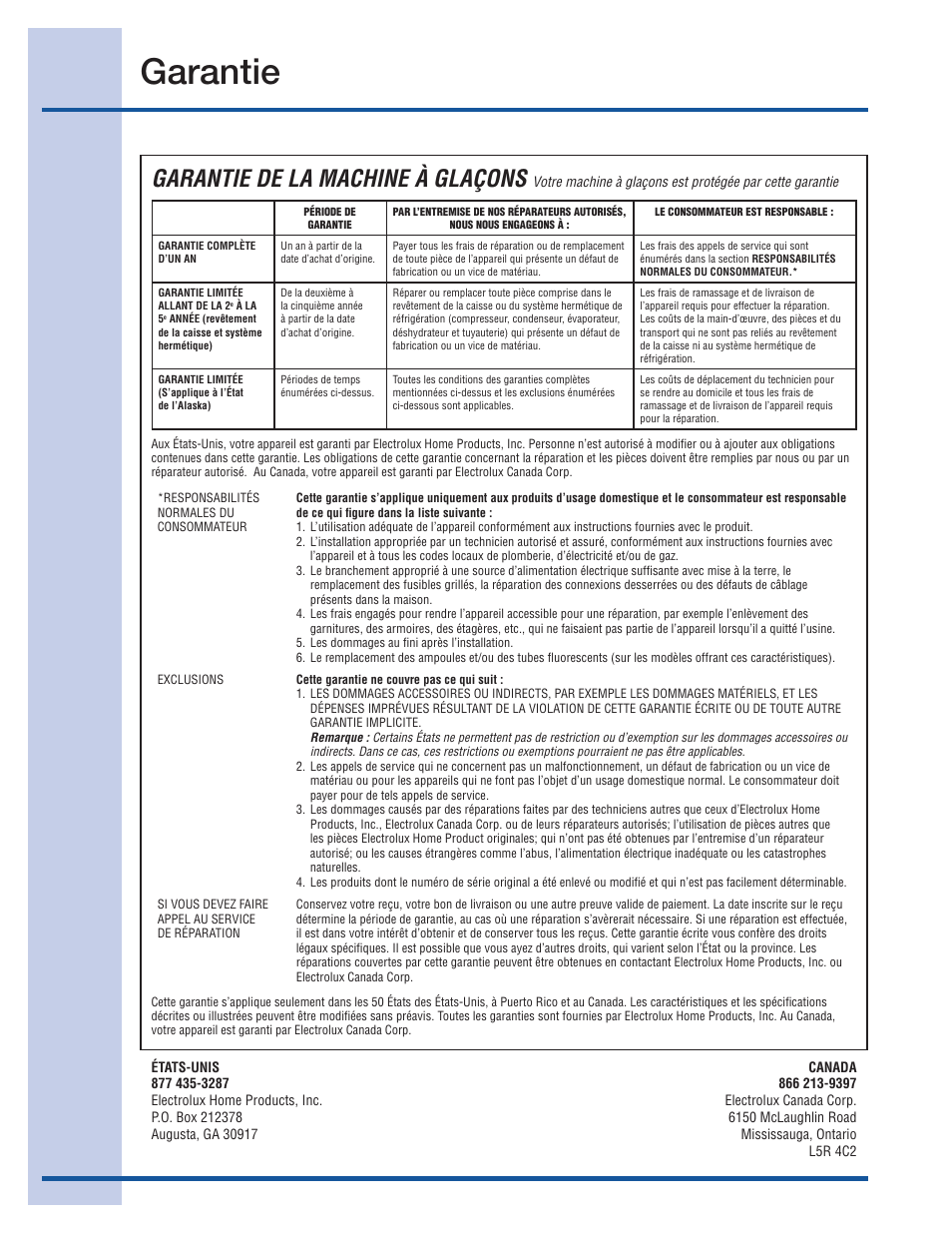 Garantie, Garantie de la machine à glaçons | Electrolux 15 User Manual | Page 66 / 68